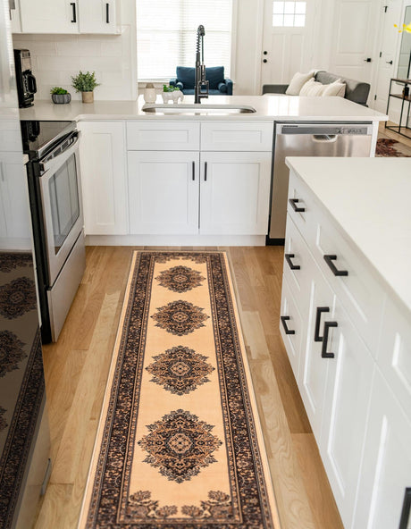 Ivory 2' 7 x 10' Reza Runner Area Rug 100% Polypropylene Easy Clean Traditional Motif Classic Carpet for Home Interiors for Sale at Rug Engine