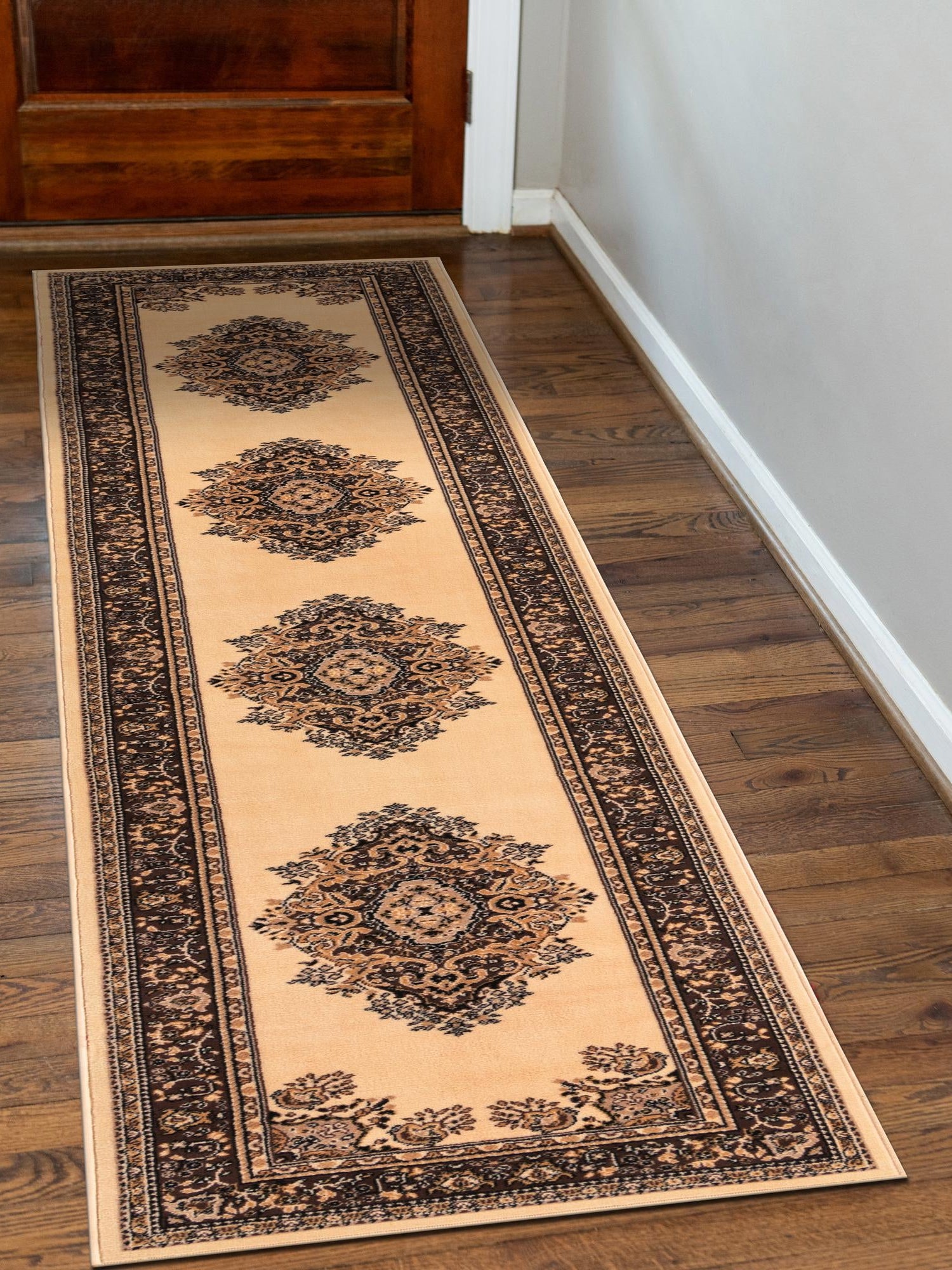 Ivory 3' 1 x 16' 5 Reza Runner Area Rug 100% Polypropylene Easy Clean Traditional Motif Classic Carpet for Home Interiors for Sale at Rug Engine