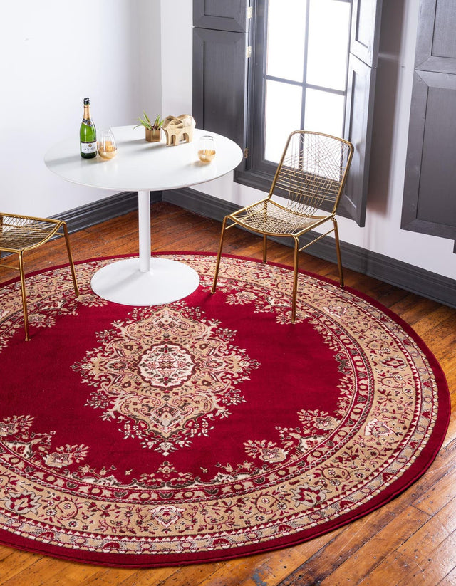 Burgundy 7' 10 x 7' 10 Reza Round Area Rug 100% Polypropylene Easy Clean Traditional Motif Classic Carpet for Home Interiors for Sale at Rug Engine