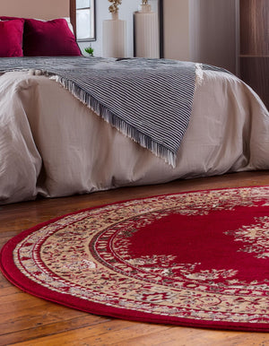 Burgundy 7' 10 x 7' 10 Reza Round Area Rug 100% Polypropylene Easy Clean Traditional Motif Classic Carpet for Home Interiors for Sale at Rug Engine