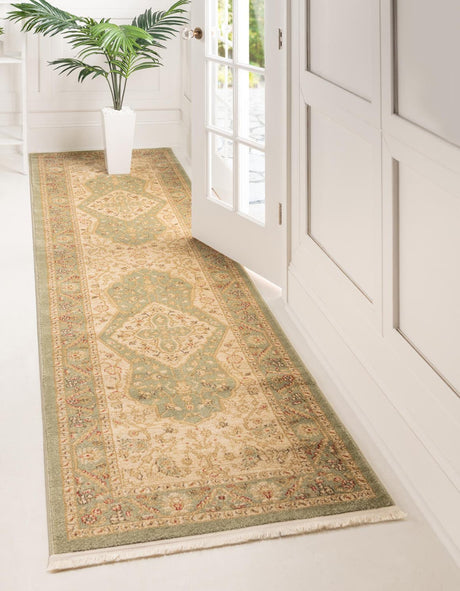 Light Green 2' 7 x 10' Edinburgh Runner Area Rug 100% Polypropylene Easy Clean With Cotton Backing Traditional Classic Design Carpet for Living, Dining Room, Office for Sale at Rug Engine