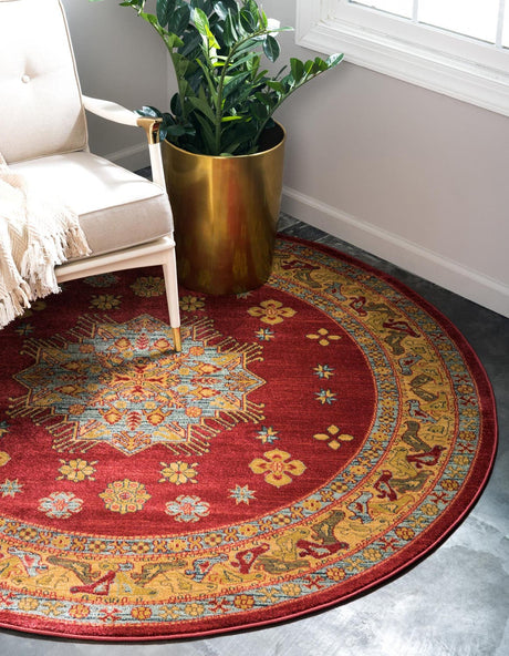 Red 8' x 8' Sahand Round Area Rug Affordable Easy Clean Traditional Design Durable Carpet for Home Interior Design Living Room Dining Office for Sale at Rug Engine