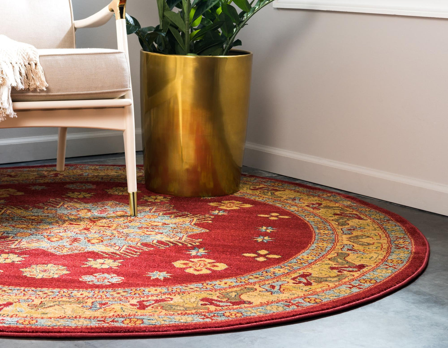 Red 8' x 8' Sahand Round Area Rug Affordable Easy Clean Traditional Design Durable Carpet for Home Interior Design Living Room Dining Office for Sale at Rug Engine