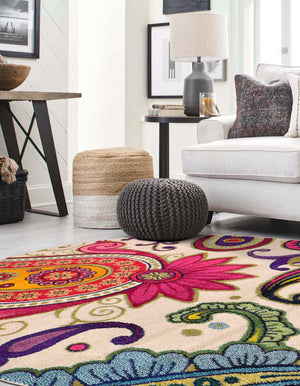 Cream 8' x 8' Estrella Round Area Rug 100% Polypropylene Non-Shedding Stain Resistant Carpet Colorful Modern Abstract Design Easy Clean for Home Decor for Sale at Rug Engine