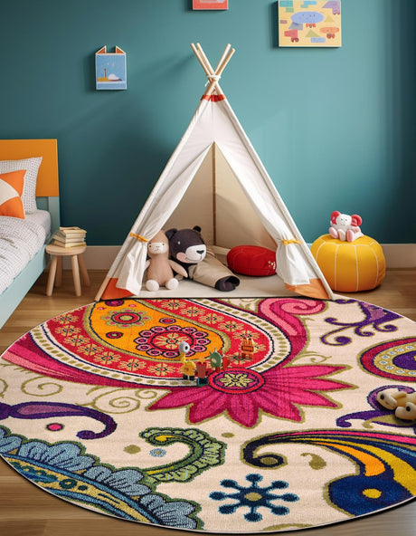 Cream 8' x 8' Estrella Round Area Rug 100% Polypropylene Non-Shedding Stain Resistant Carpet Colorful Modern Abstract Design Easy Clean for Home Decor for Sale at Rug Engine