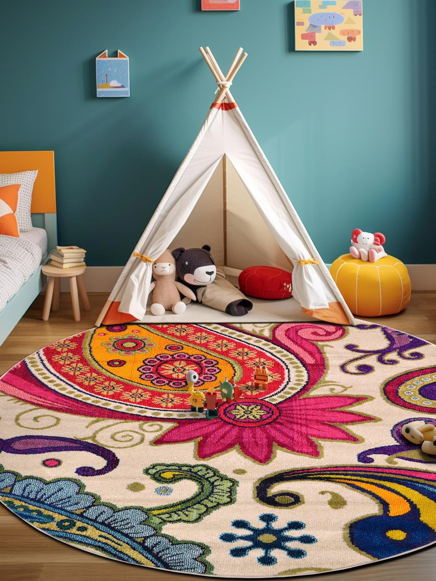 Cream 6' 1 x 6' 1 Estrella Round Area Rug 100% Polypropylene Non-Shedding Stain Resistant Carpet Colorful Modern Abstract Design Easy Clean for Home Decor for Sale at Rug Engine