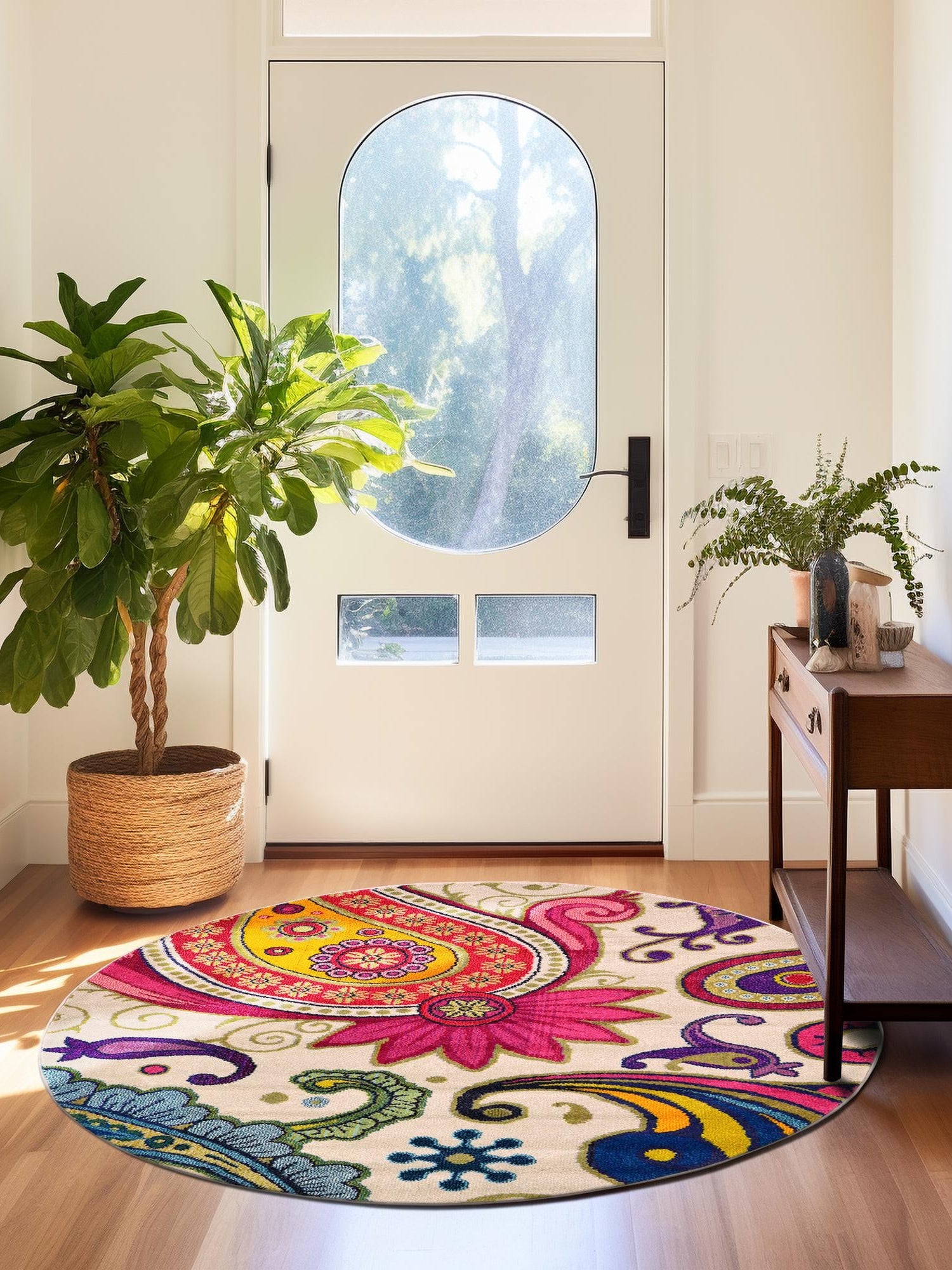 Cream 6' 1 x 6' 1 Estrella Round Area Rug 100% Polypropylene Non-Shedding Stain Resistant Carpet Colorful Modern Abstract Design Easy Clean for Home Decor for Sale at Rug Engine