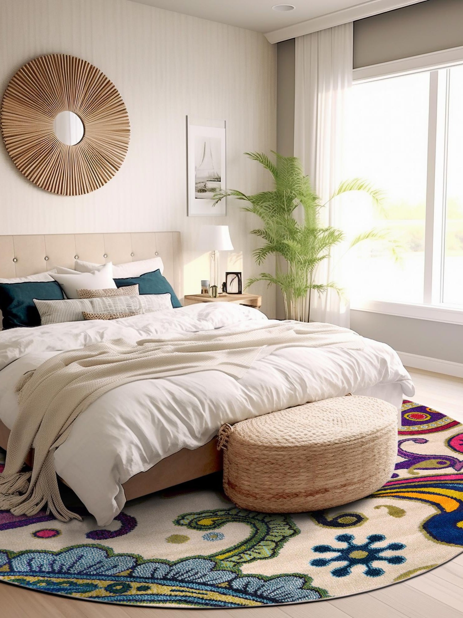 Cream 6' 1 x 6' 1 Estrella Round Area Rug 100% Polypropylene Non-Shedding Stain Resistant Carpet Colorful Modern Abstract Design Easy Clean for Home Decor for Sale at Rug Engine