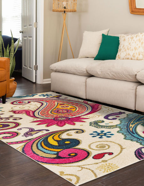 Cream 5' 1 x 8' Estrella Rectangle Area Rug 100% Polypropylene Non-Shedding Stain Resistant Carpet Colorful Modern Abstract Design Easy Clean for Home Decor for Sale at Rug Engine