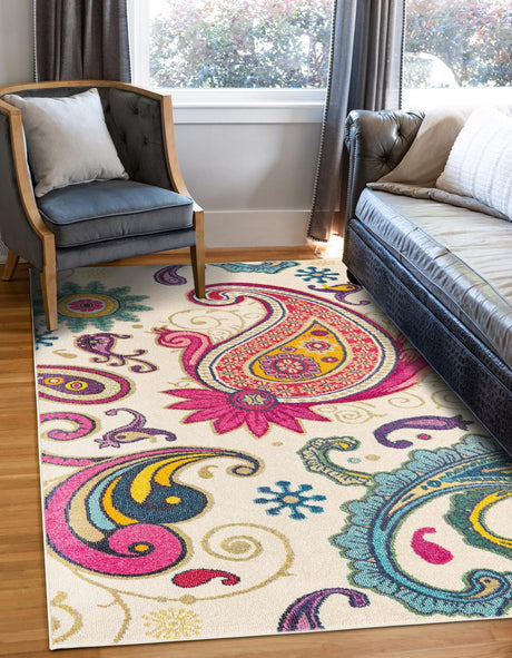 Cream 6' 1 x 9' 1 Estrella Rectangle Area Rug 100% Polypropylene Non-Shedding Stain Resistant Carpet Colorful Modern Abstract Design Easy Clean for Home Decor for Sale at Rug Engine