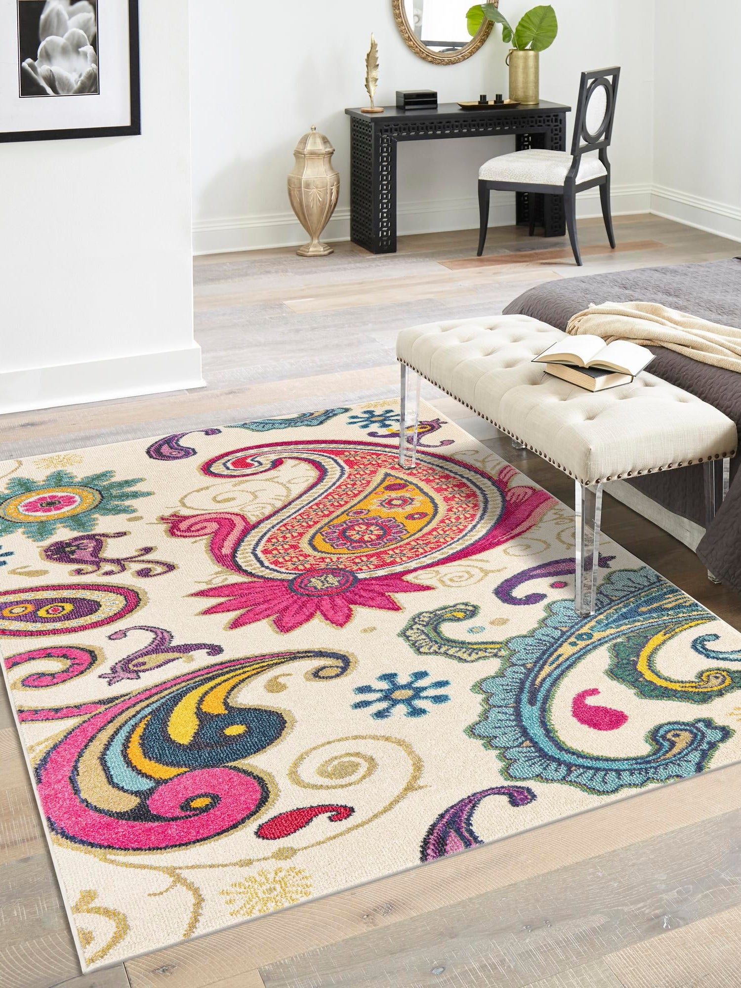 Cream 5' 1 x 8' Estrella Rectangle Area Rug 100% Polypropylene Non-Shedding Stain Resistant Carpet Colorful Modern Abstract Design Easy Clean for Home Decor for Sale at Rug Engine