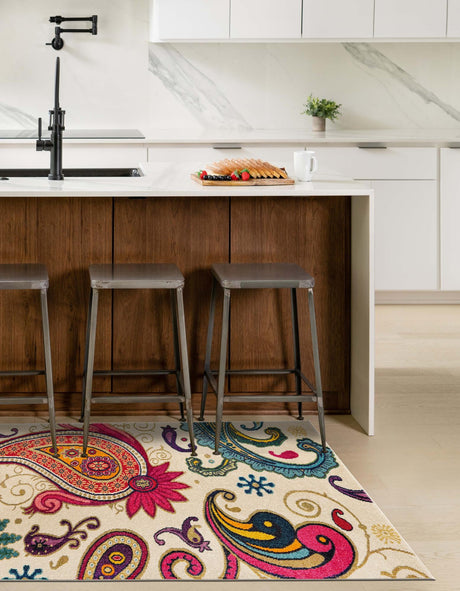 Cream 8' x 11' Estrella Rectangle Area Rug 100% Polypropylene Non-Shedding Stain Resistant Carpet Colorful Modern Abstract Design Easy Clean for Home Decor for Sale at Rug Engine