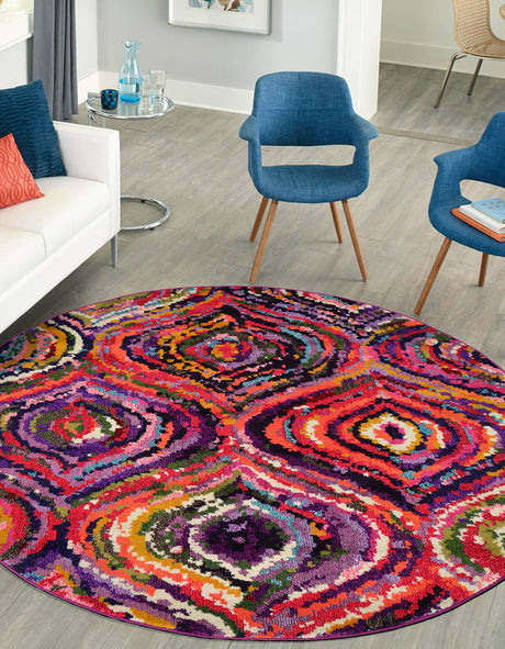 Multicolor 8' x 8' Estrella Round Area Rug 100% Polypropylene Non-Shedding Stain Resistant Carpet Colorful Modern Abstract Design Easy Clean for Home Decor for Sale at Rug Engine