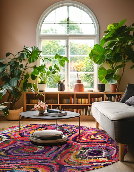 Multicolor 8' x 8' Estrella Round Area Rug 100% Polypropylene Non-Shedding Stain Resistant Carpet Colorful Modern Abstract Design Easy Clean for Home Decor for Sale at Rug Engine