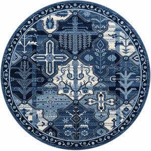 Blue 7' 10 x 7' 10 La Jolla Round Area Rug 100% Polypropylene Traditional Pattern Easy Clean Carpet for Living, Dining, Bedroom, Office for Sale at Rug Engine