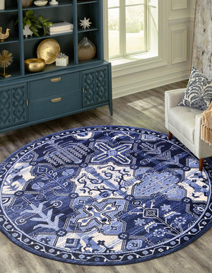 Blue 3' 1 x 3' 1 La Jolla Round Area Rug 100% Polypropylene Traditional Pattern Easy Clean Carpet for Living, Dining, Bedroom, Office for Sale at Rug Engine