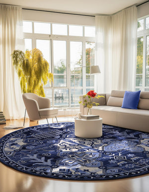 Blue 3' 1 x 3' 1 La Jolla Round Area Rug 100% Polypropylene Traditional Pattern Easy Clean Carpet for Living, Dining, Bedroom, Office for Sale at Rug Engine