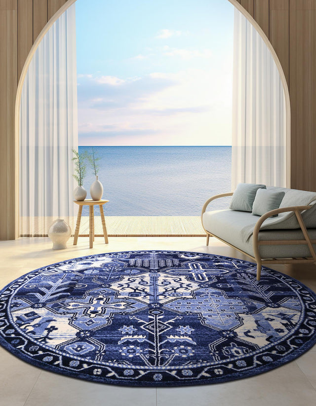 Blue 3' 1 x 3' 1 La Jolla Round Area Rug 100% Polypropylene Traditional Pattern Easy Clean Carpet for Living, Dining, Bedroom, Office for Sale at Rug Engine