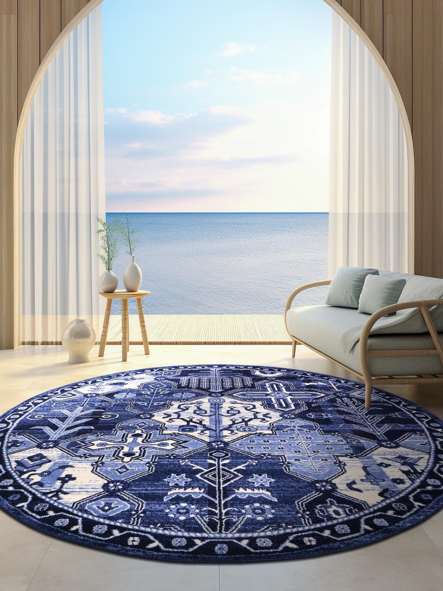 Blue 6' 1 x 6' 1 La Jolla Round Area Rug 100% Polypropylene Traditional Pattern Easy Clean Carpet for Living, Dining, Bedroom, Office for Sale at Rug Engine