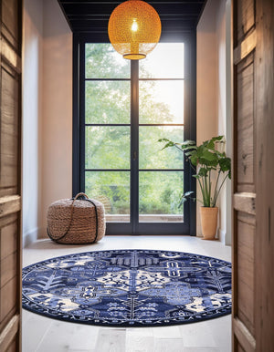 Blue 6' 1 x 6' 1 La Jolla Round Area Rug 100% Polypropylene Traditional Pattern Easy Clean Carpet for Living, Dining, Bedroom, Office for Sale at Rug Engine