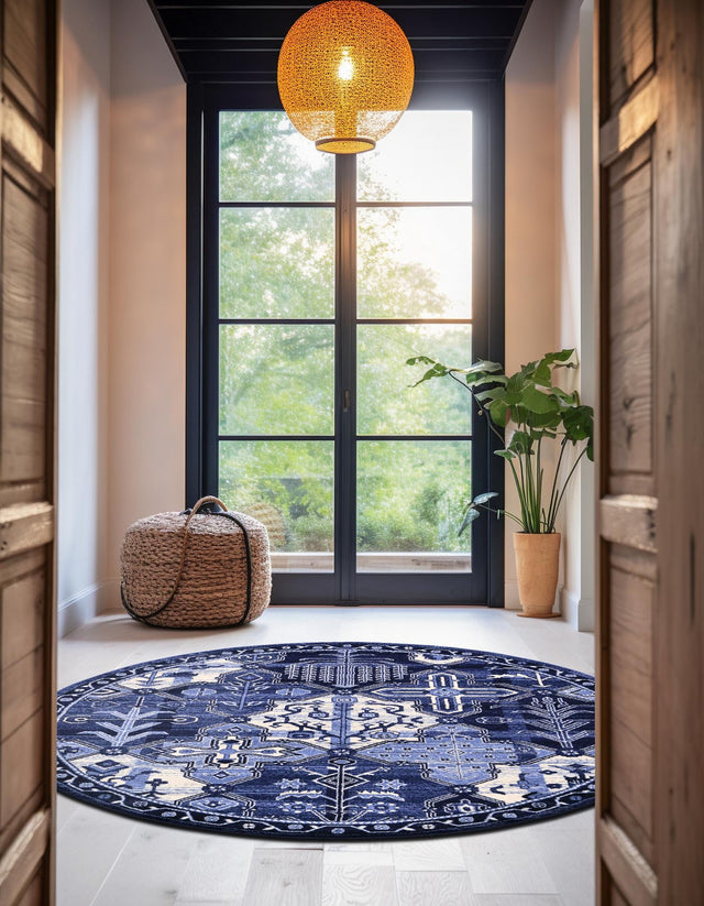 Blue 6' 1 x 6' 1 La Jolla Round Area Rug 100% Polypropylene Traditional Pattern Easy Clean Carpet for Living, Dining, Bedroom, Office for Sale at Rug Engine