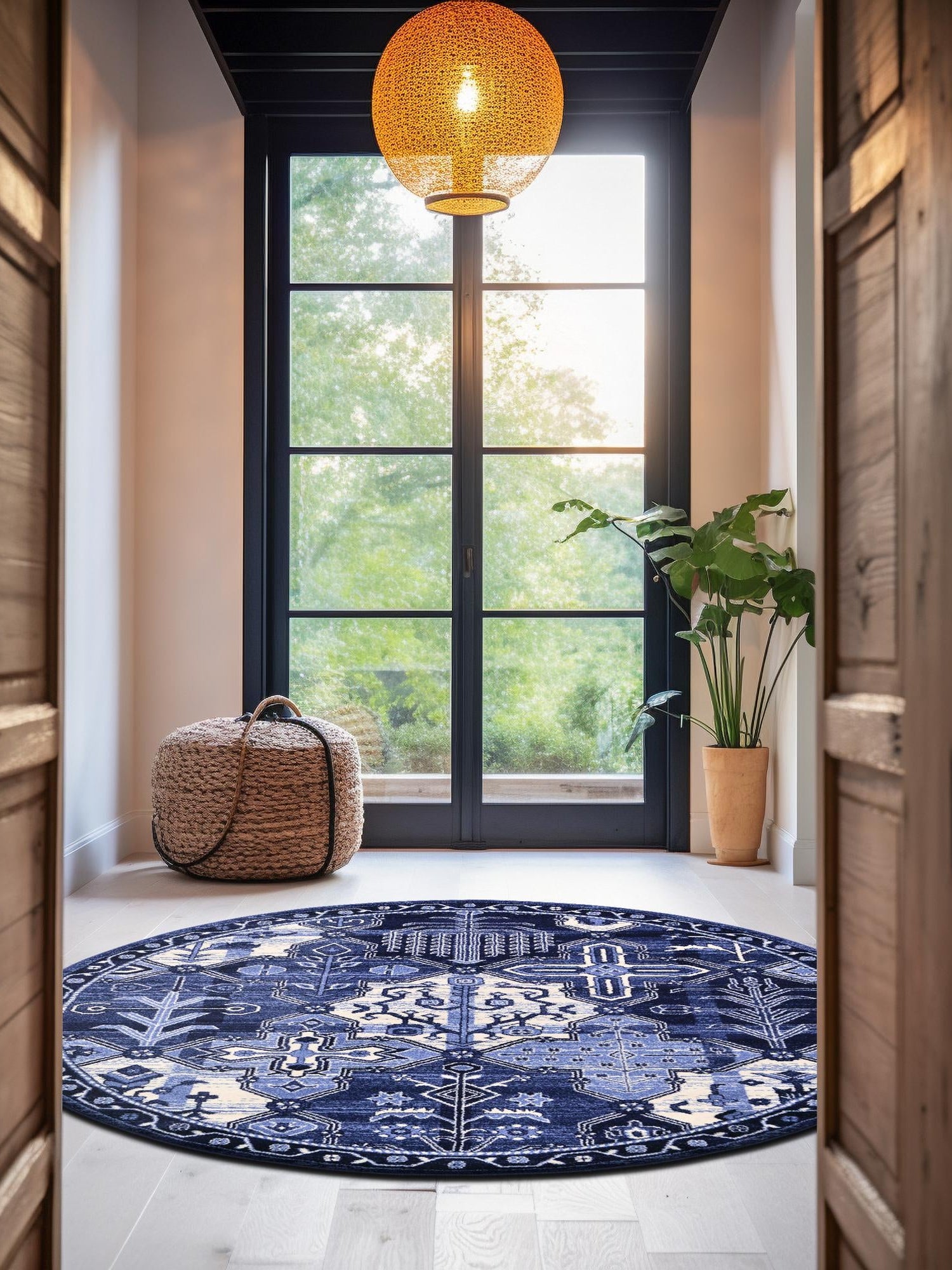 Blue 7' 10 x 7' 10 La Jolla Round Area Rug 100% Polypropylene Traditional Pattern Easy Clean Carpet for Living, Dining, Bedroom, Office for Sale at Rug Engine