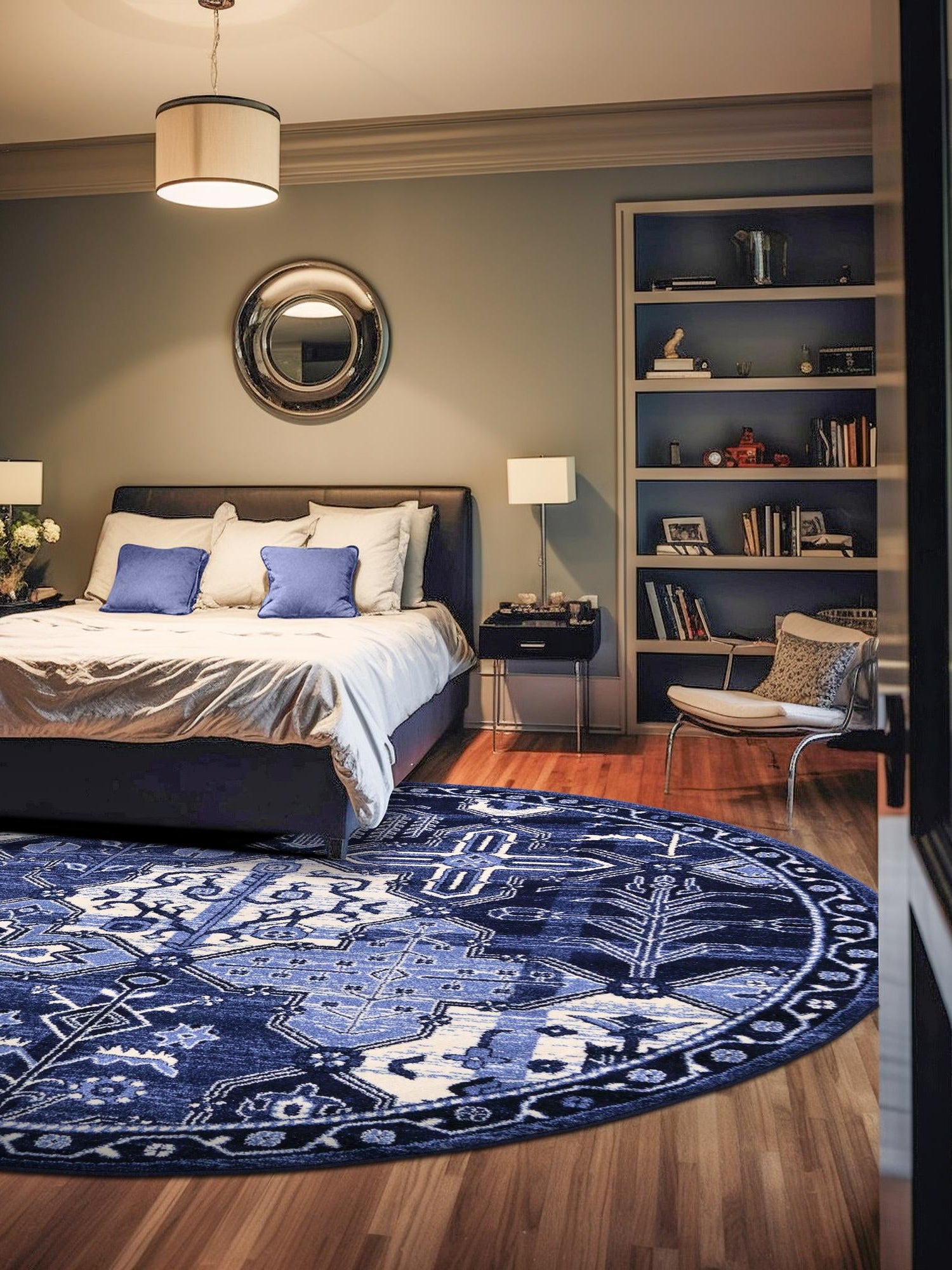 Blue 7' 10 x 7' 10 La Jolla Round Area Rug 100% Polypropylene Traditional Pattern Easy Clean Carpet for Living, Dining, Bedroom, Office for Sale at Rug Engine