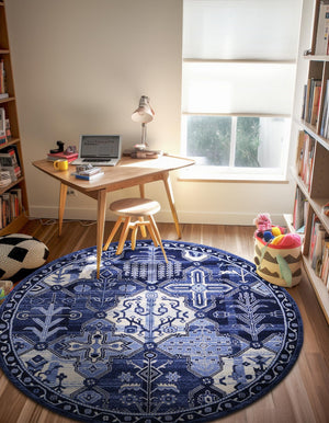 Blue 3' 1 x 3' 1 La Jolla Round Area Rug 100% Polypropylene Traditional Pattern Easy Clean Carpet for Living, Dining, Bedroom, Office for Sale at Rug Engine