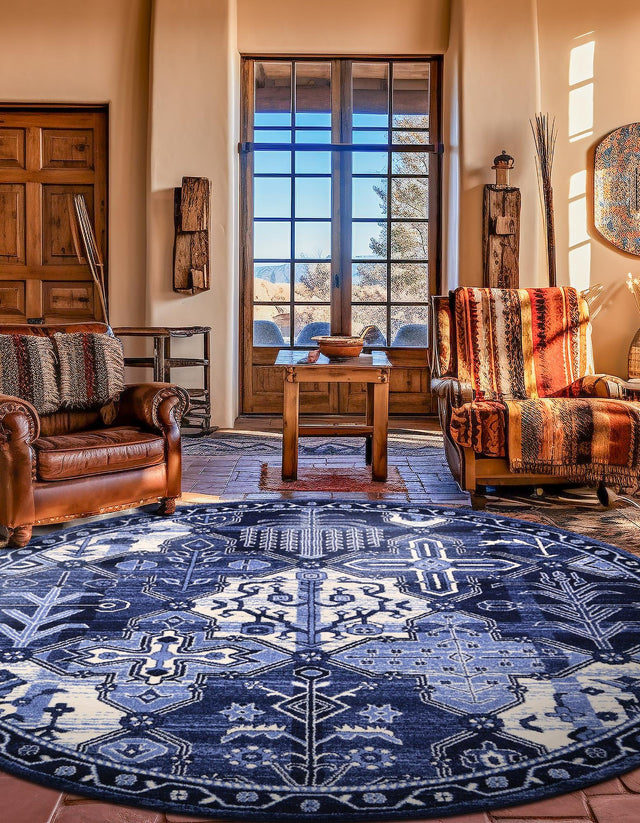 Blue 6' 1 x 6' 1 La Jolla Round Area Rug 100% Polypropylene Traditional Pattern Easy Clean Carpet for Living, Dining, Bedroom, Office for Sale at Rug Engine