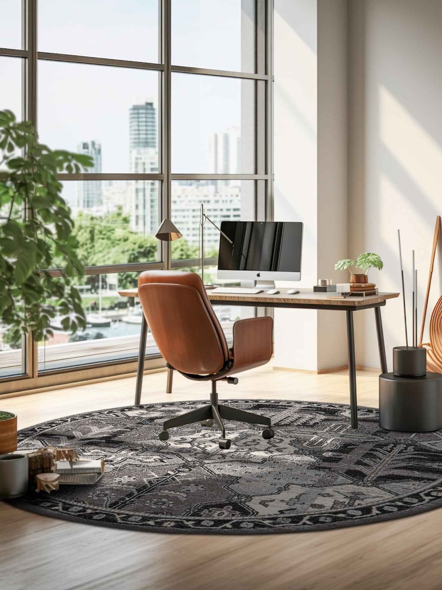 Gray 7' 10 x 7' 10 La Jolla Round Area Rug 100% Polypropylene Traditional Pattern Easy Clean Carpet for Living, Dining, Bedroom, Office for Sale at Rug Engine