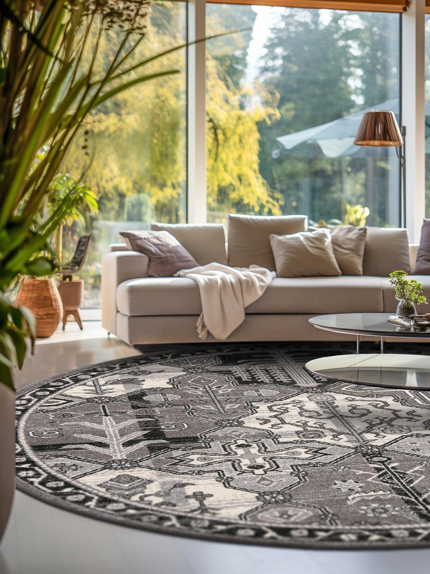 Gray 7' 10 x 7' 10 La Jolla Round Area Rug 100% Polypropylene Traditional Pattern Easy Clean Carpet for Living, Dining, Bedroom, Office for Sale at Rug Engine