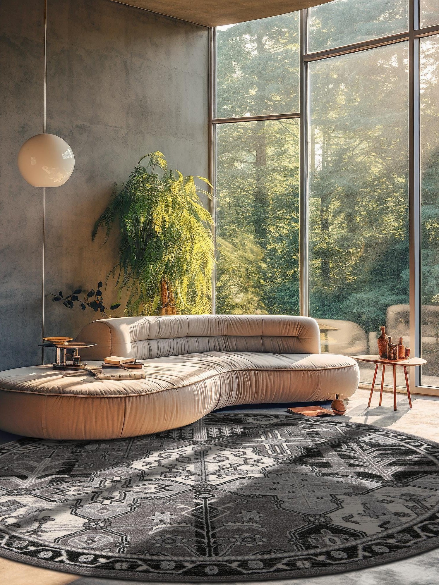 Gray 7' 10 x 7' 10 La Jolla Round Area Rug 100% Polypropylene Traditional Pattern Easy Clean Carpet for Living, Dining, Bedroom, Office for Sale at Rug Engine