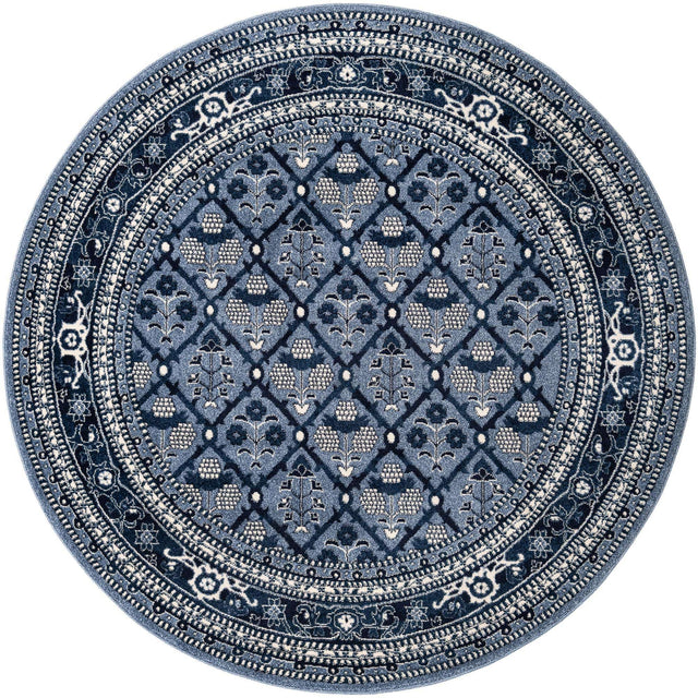 Blue 7' 10 x 7' 10 La Jolla Round Area Rug 100% Polypropylene Traditional Pattern Easy Clean Carpet for Living, Dining, Bedroom, Office for Sale at Rug Engine