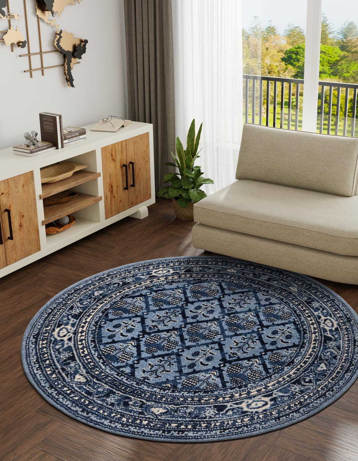 Blue 6' 1 x 6' 1 La Jolla Round Area Rug 100% Polypropylene Traditional Pattern Easy Clean Carpet for Living, Dining, Bedroom, Office for Sale at Rug Engine