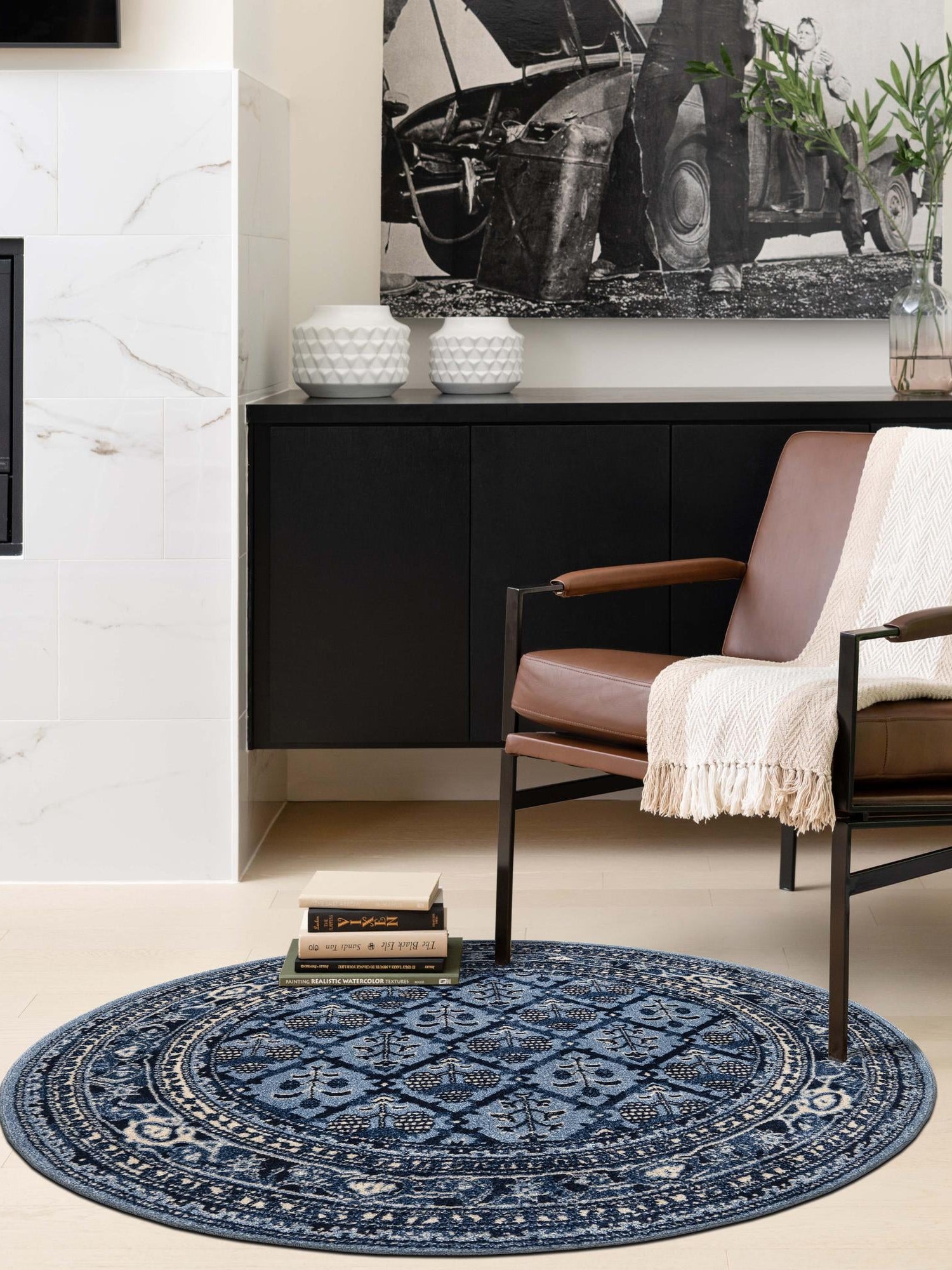 Blue 7' 10 x 7' 10 La Jolla Round Area Rug 100% Polypropylene Traditional Pattern Easy Clean Carpet for Living, Dining, Bedroom, Office for Sale at Rug Engine