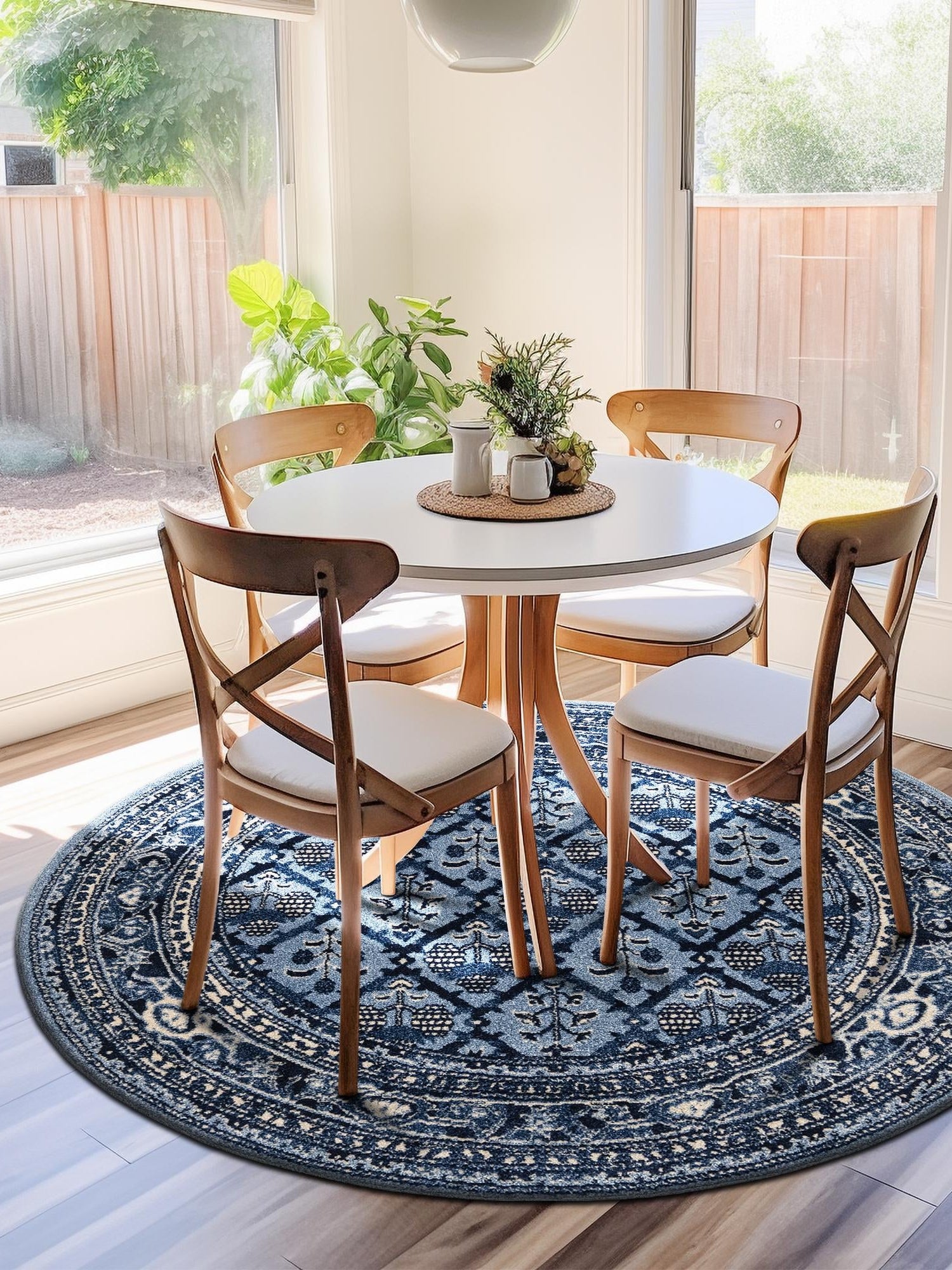 Blue 7' 10 x 7' 10 La Jolla Round Area Rug 100% Polypropylene Traditional Pattern Easy Clean Carpet for Living, Dining, Bedroom, Office for Sale at Rug Engine