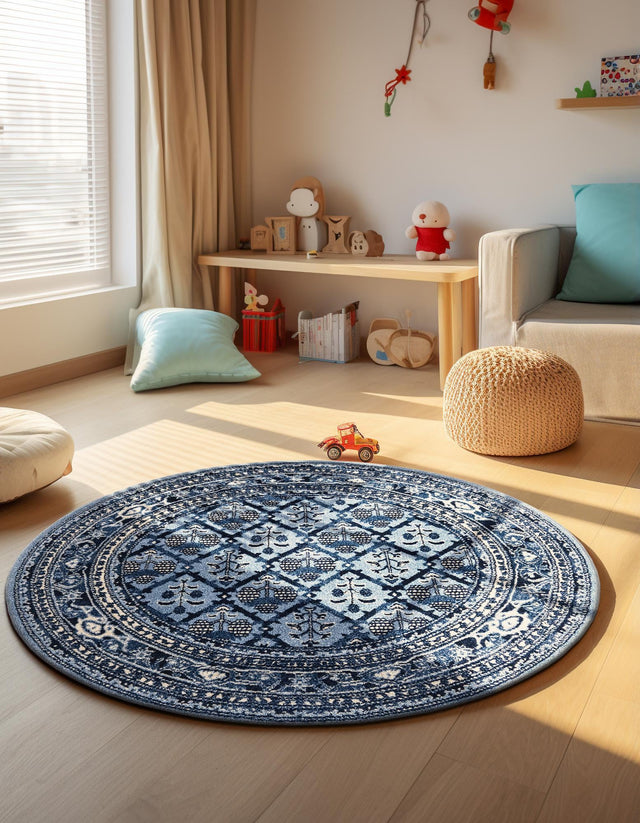 Blue 6' 1 x 6' 1 La Jolla Round Area Rug 100% Polypropylene Traditional Pattern Easy Clean Carpet for Living, Dining, Bedroom, Office for Sale at Rug Engine