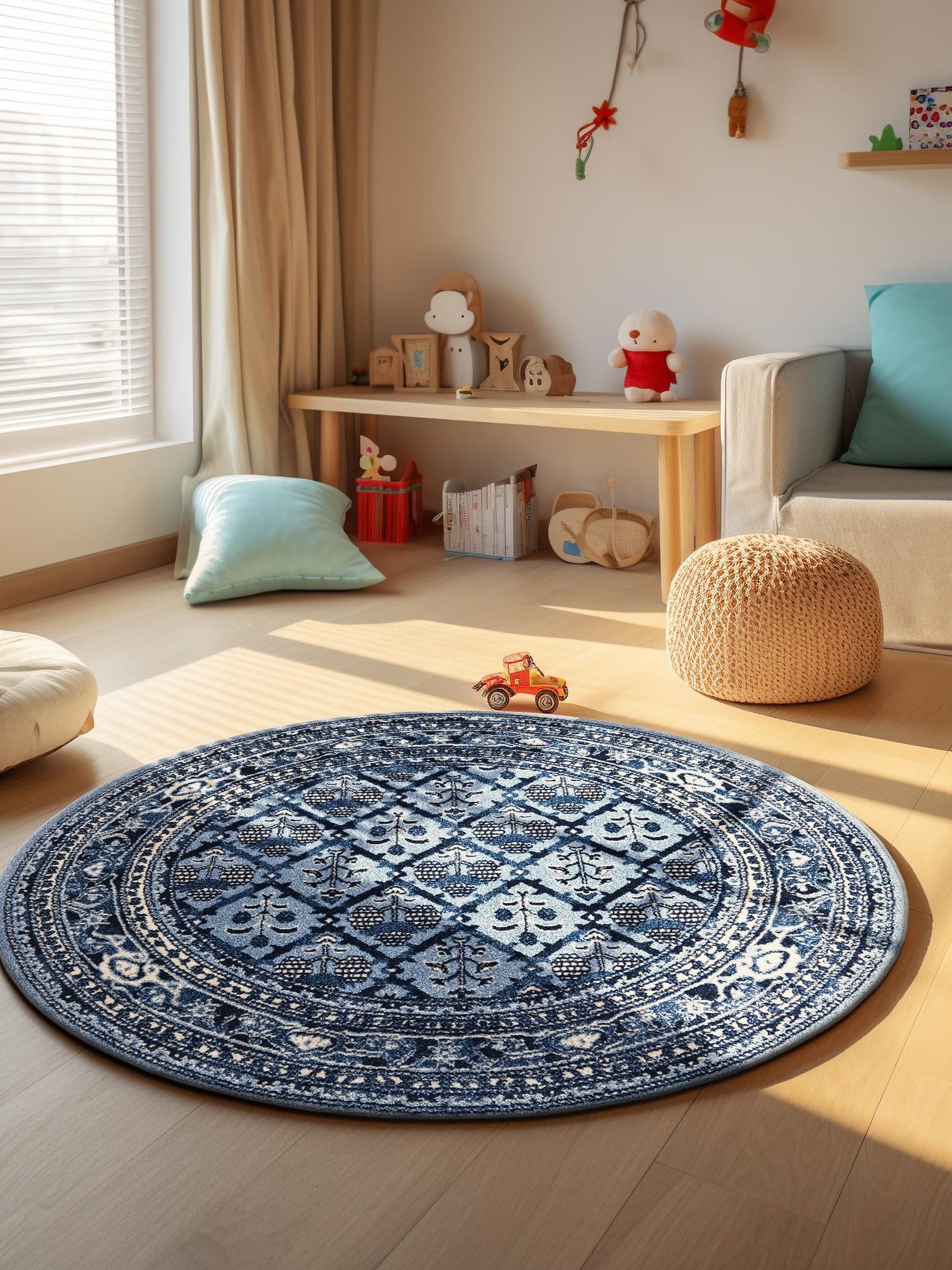 Blue 7' 10 x 7' 10 La Jolla Round Area Rug 100% Polypropylene Traditional Pattern Easy Clean Carpet for Living, Dining, Bedroom, Office for Sale at Rug Engine