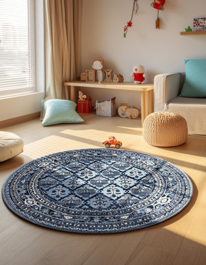 Blue 7' 10 x 7' 10 La Jolla Round Area Rug 100% Polypropylene Traditional Pattern Easy Clean Carpet for Living, Dining, Bedroom, Office for Sale at Rug Engine