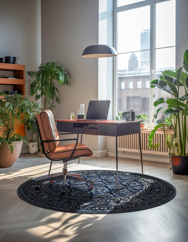 Blue 7' 10 x 7' 10 La Jolla Round Area Rug 100% Polypropylene Traditional Pattern Easy Clean Carpet for Living, Dining, Bedroom, Office for Sale at Rug Engine