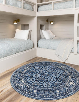 Blue 6' 1 x 6' 1 La Jolla Round Area Rug 100% Polypropylene Traditional Pattern Easy Clean Carpet for Living, Dining, Bedroom, Office for Sale at Rug Engine