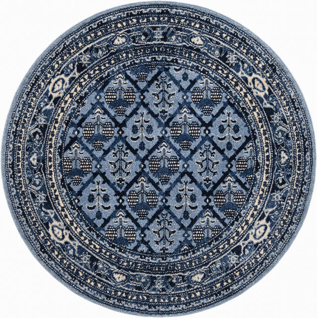 Blue 6' 1 x 6' 1 La Jolla Round Area Rug 100% Polypropylene Traditional Pattern Easy Clean Carpet for Living, Dining, Bedroom, Office for Sale at Rug Engine