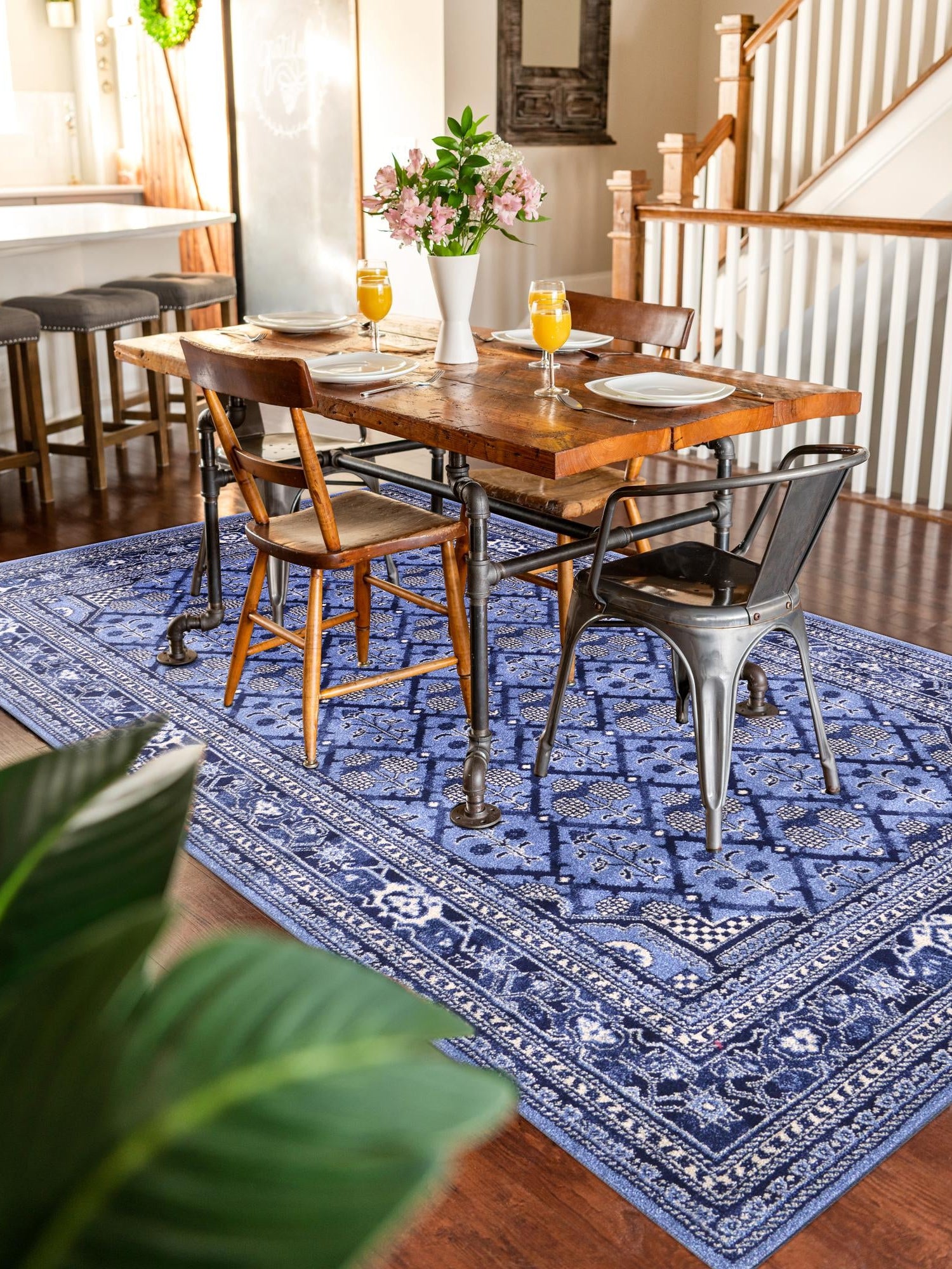 Blue 4' 1 x 6' 1 La Jolla Rectangle Area Rug 100% Polypropylene Traditional Pattern Easy Clean Carpet for Living, Dining, Bedroom, Office for Sale at Rug Engine