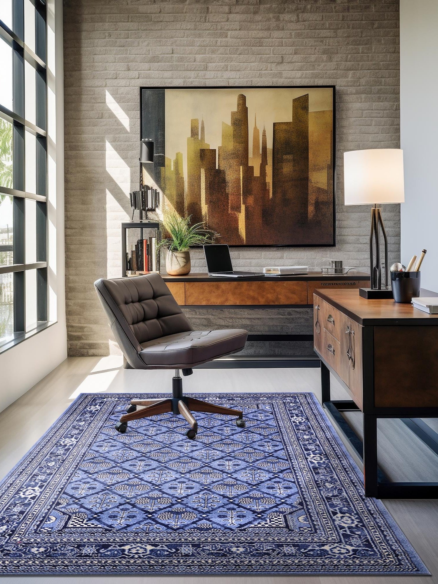 Blue 7' 10 x 10' La Jolla Rectangle Area Rug 100% Polypropylene Traditional Pattern Easy Clean Carpet for Living, Dining, Bedroom, Office for Sale at Rug Engine