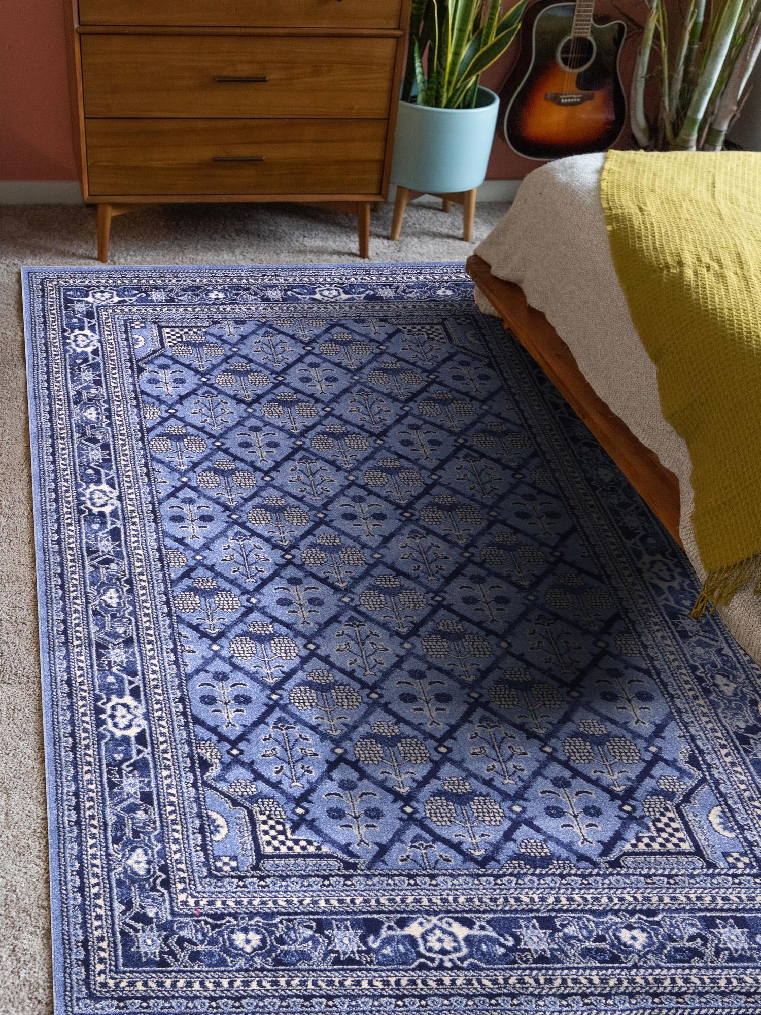 Blue 5' 3 x 8' La Jolla Rectangle Area Rug 100% Polypropylene Traditional Pattern Easy Clean Carpet for Living, Dining, Bedroom, Office for Sale at Rug Engine