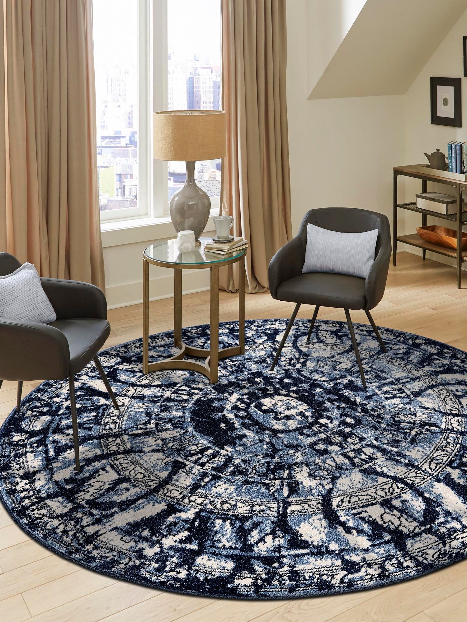 Blue 7' 10 x 7' 10 La Jolla Round Area Rug 100% Polypropylene Traditional Pattern Easy Clean Carpet for Living, Dining, Bedroom, Office for Sale at Rug Engine