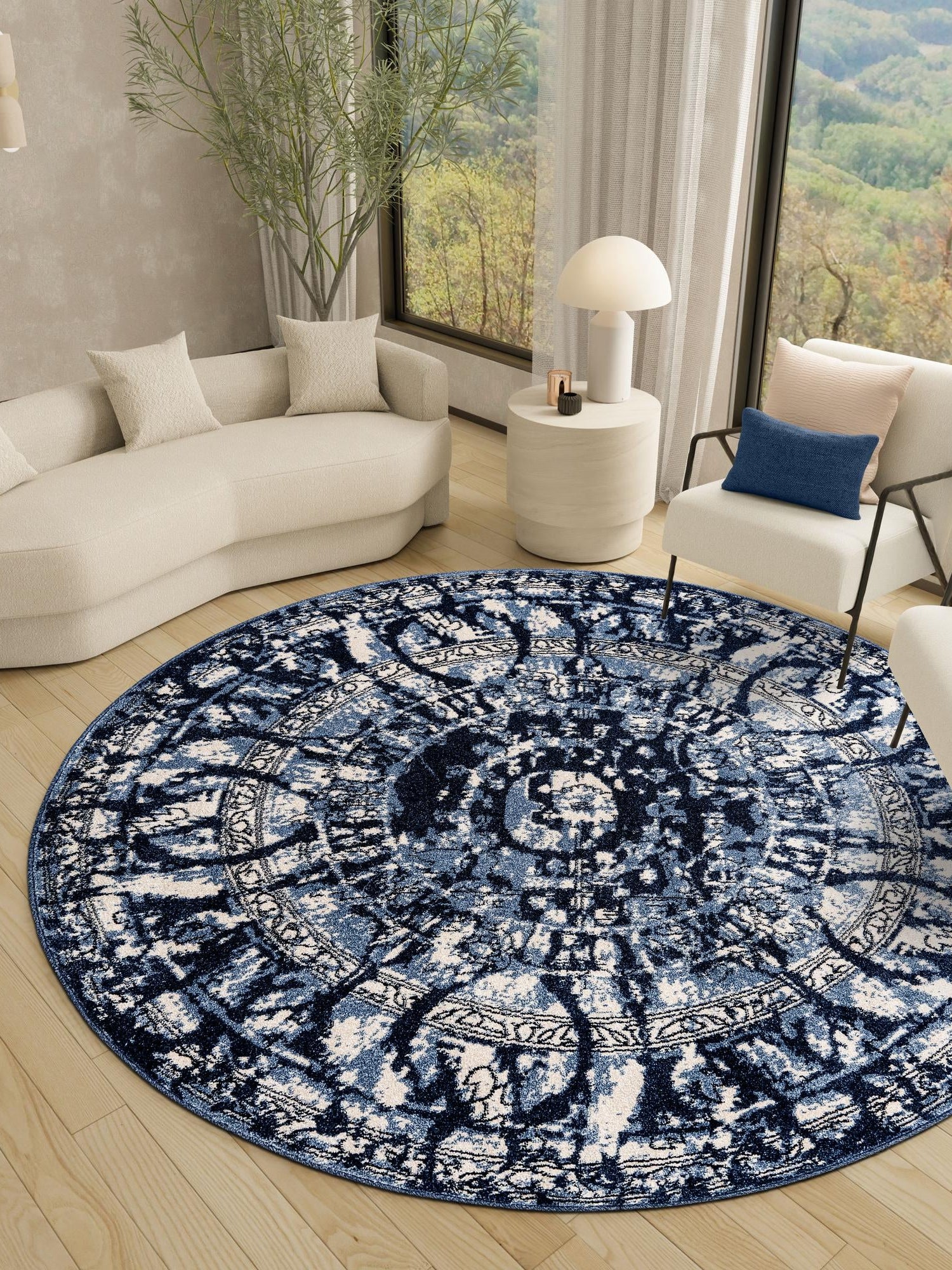 Blue 7' 10 x 7' 10 La Jolla Round Area Rug 100% Polypropylene Traditional Pattern Easy Clean Carpet for Living, Dining, Bedroom, Office for Sale at Rug Engine