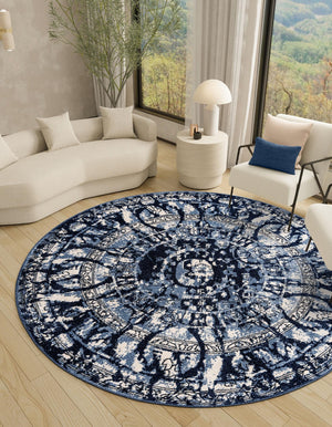 Blue 7' 10 x 7' 10 La Jolla Round Area Rug 100% Polypropylene Traditional Pattern Easy Clean Carpet for Living, Dining, Bedroom, Office for Sale at Rug Engine