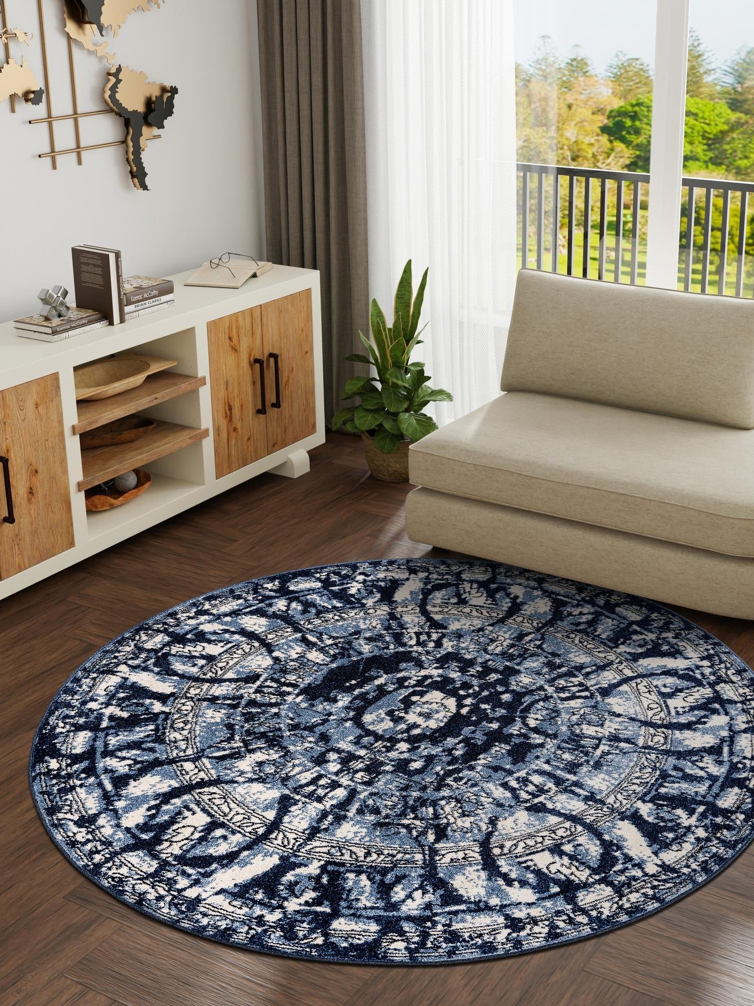 Blue 7' 10 x 7' 10 La Jolla Round Area Rug 100% Polypropylene Traditional Pattern Easy Clean Carpet for Living, Dining, Bedroom, Office for Sale at Rug Engine