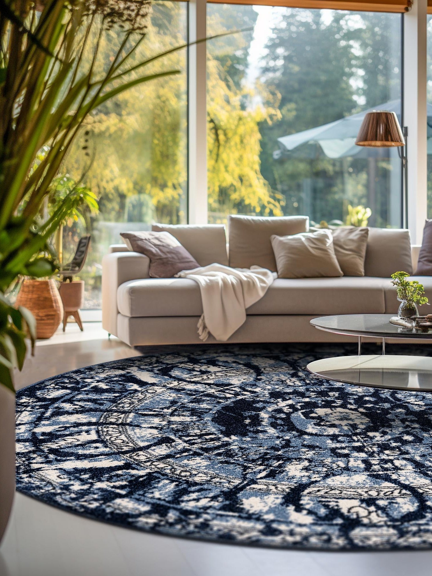 Blue 7' 10 x 7' 10 La Jolla Round Area Rug 100% Polypropylene Traditional Pattern Easy Clean Carpet for Living, Dining, Bedroom, Office for Sale at Rug Engine